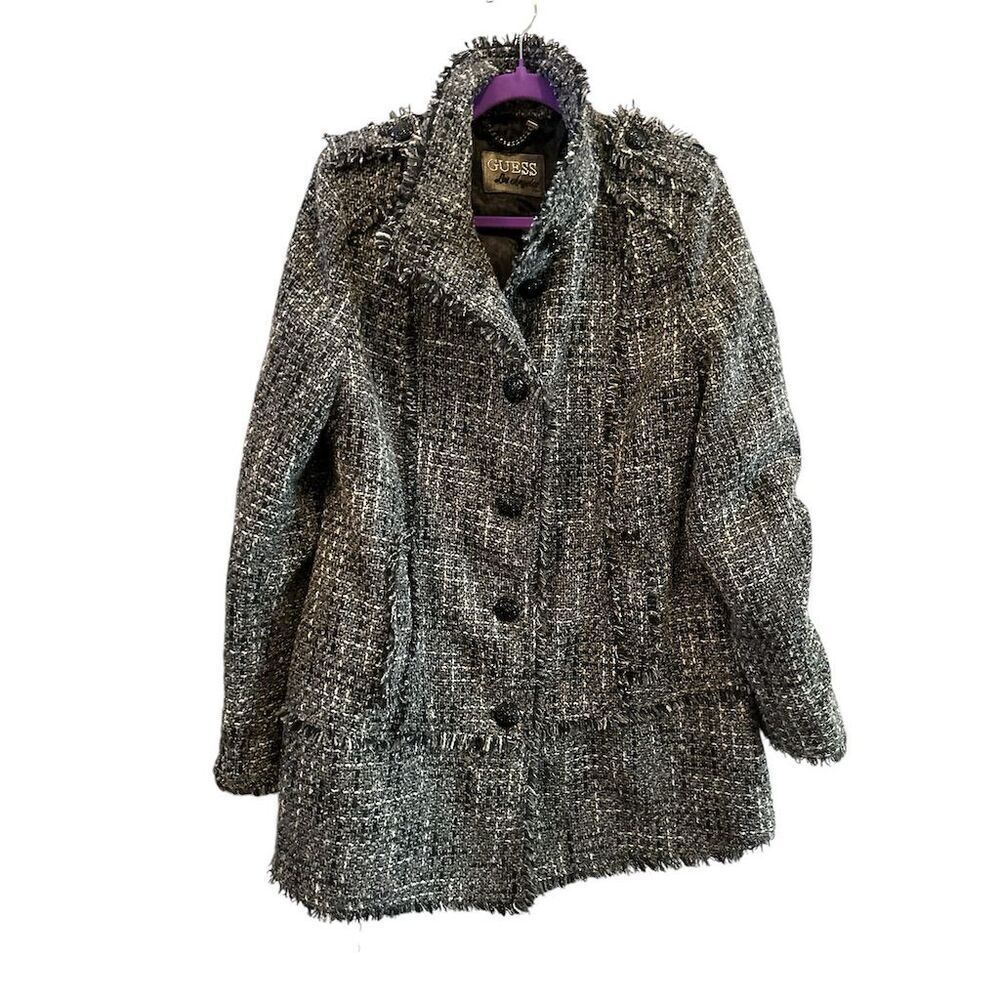 GUESS Women's Tweed Overcoat Black‎ Fringe Detail Size XL Casual Fall